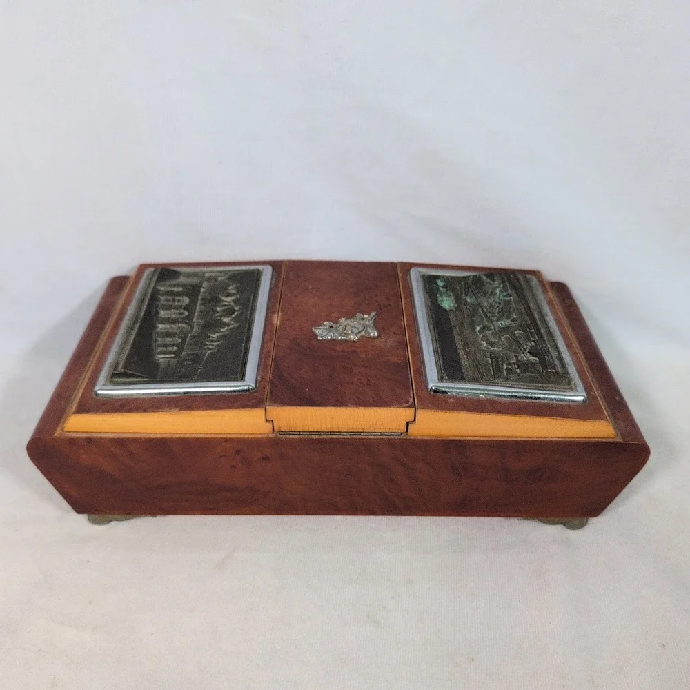 Vintage Working Wooden Ballerina (nonworking) Music Box Mirror Red Fabric Lining
